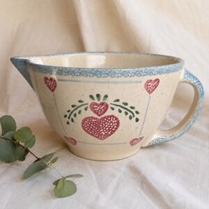 Stoneware Heart Folk Art Batter Mixing Bowl with Spout and Handle Cream Blue